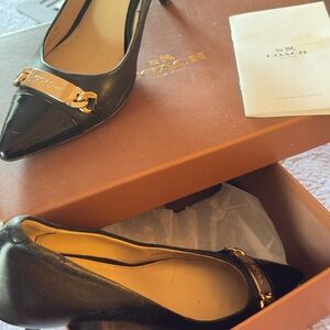 Coach Black Leather Heels with Gold Accent